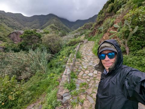 Wet and rainy stone path